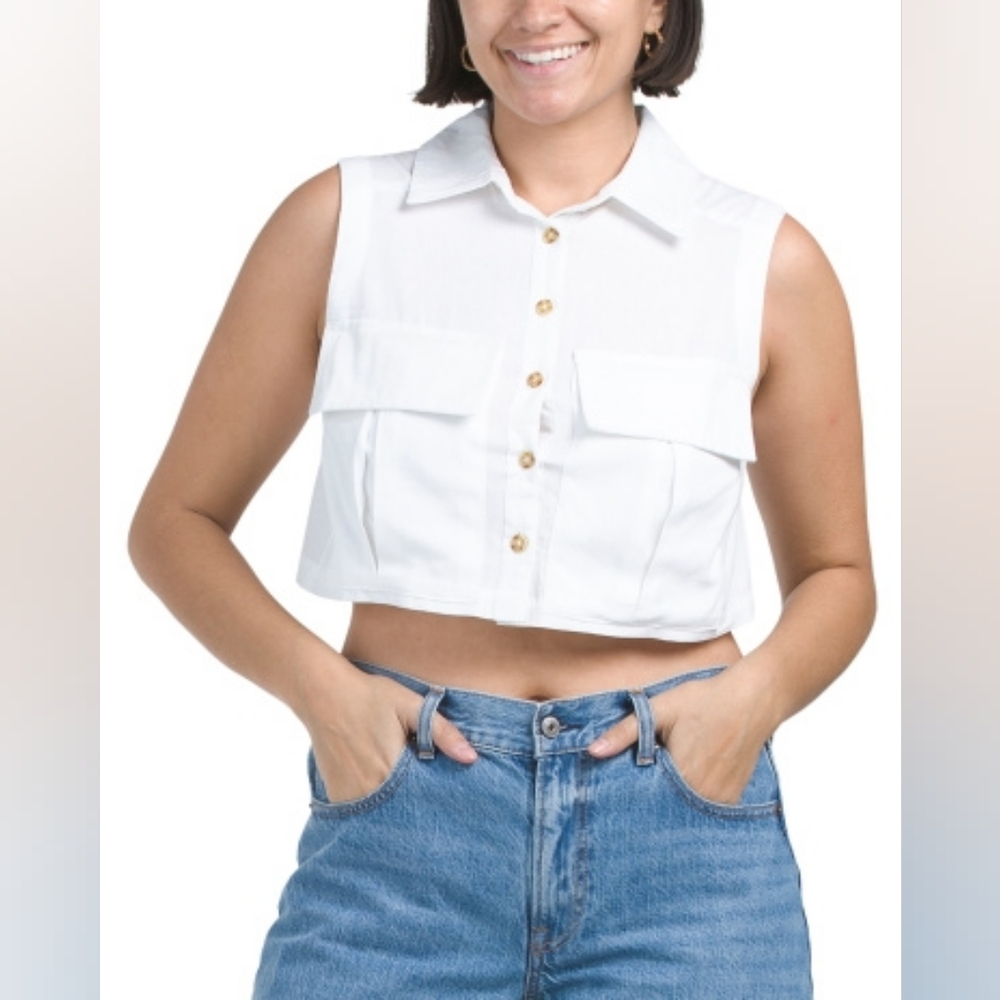 NWT - Girl Soul Cotton Classic Collar Cropped White Vest Top - Size L